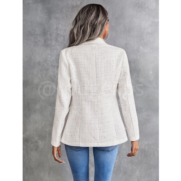 Classic Plaid Tweed Double Breasted White Blazer Jacket Long Sleeve - Picture 5 of 16